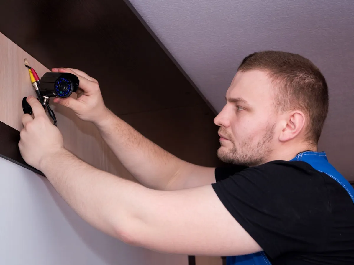 Electrician installing ceiling lighting in a home
