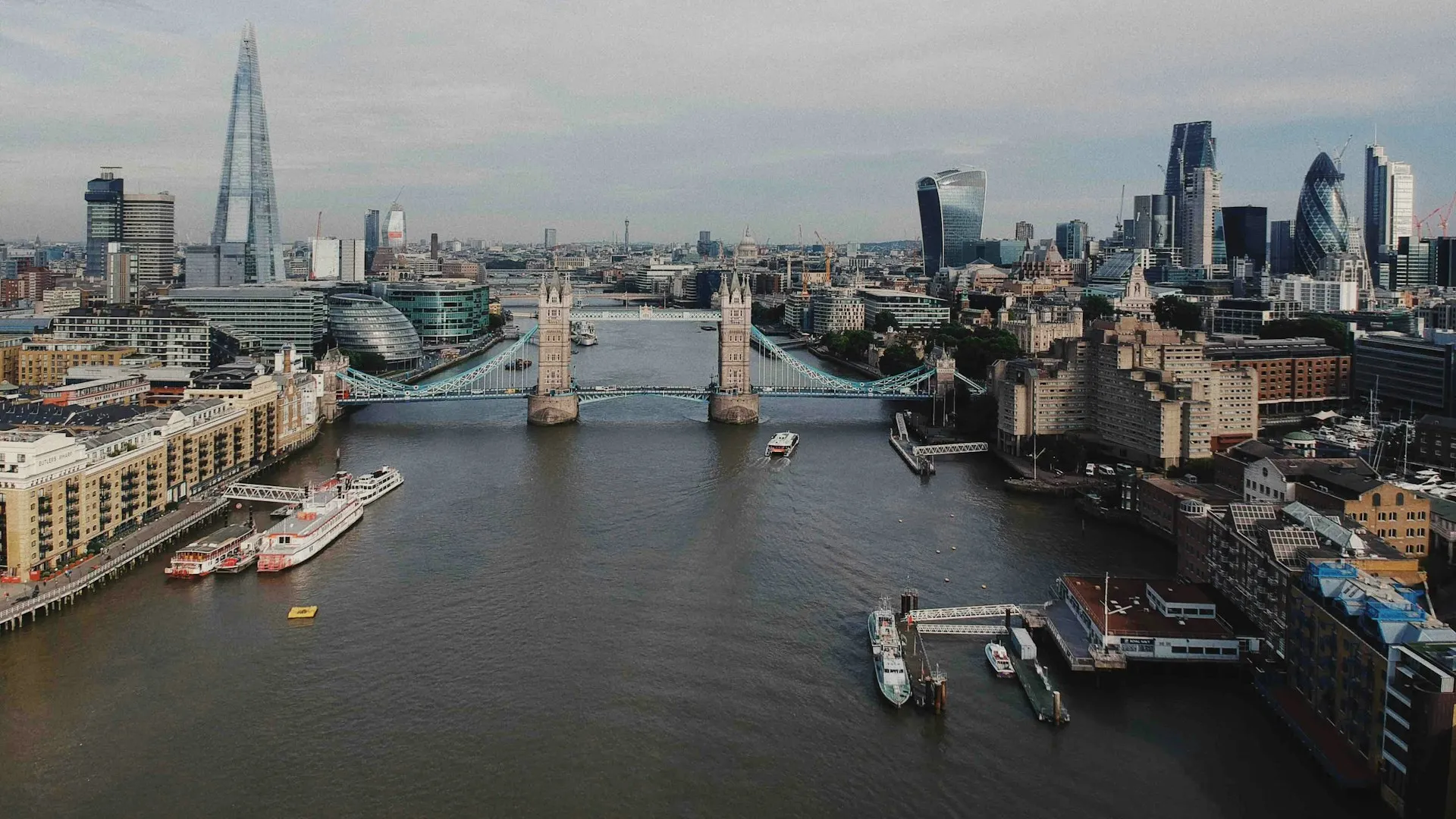 Aerial view of London SE1 with the Shard and Tower Bridge
